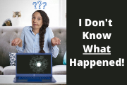  image of a girl looking confused with a laptop with a broken screen in front of her.